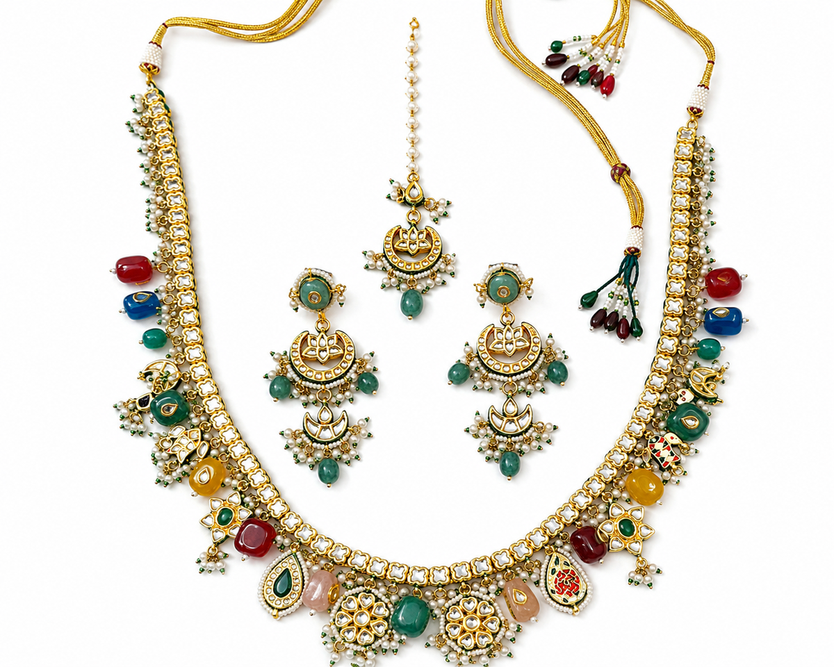 Royal Kundan Polki Necklace Set with Earrings & Maang Tikka | Bridal Jewellery Rental