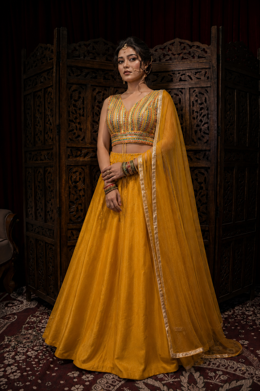 Mustard Yellow Designer Lehenga Set with Embroidered Blouse & Soft Net Dupatta (Rental)