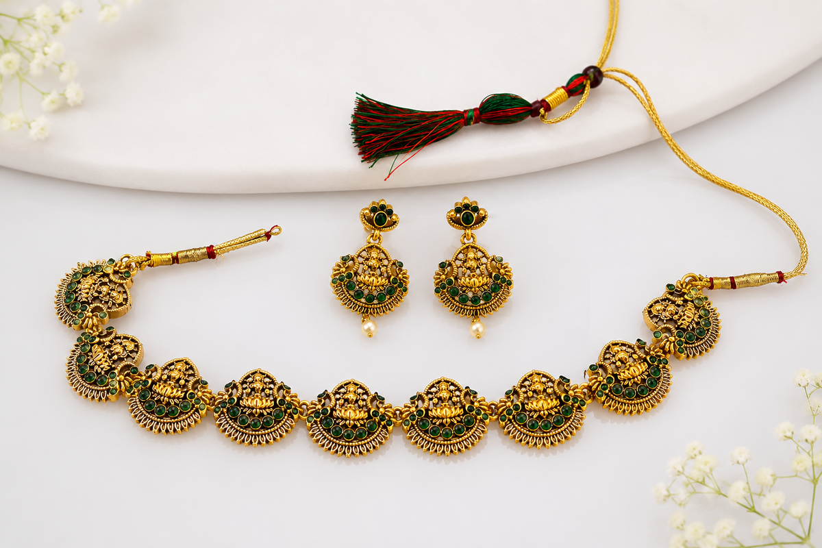 Traditional Temple Jewellery Necklace Set with Green Stones & Matching Earrings | Antique Gold Finish