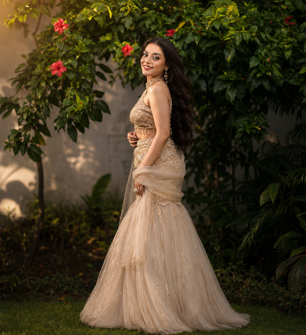 Ivory Lace Fishcut Lehenga with Designer Blouse (Rental)