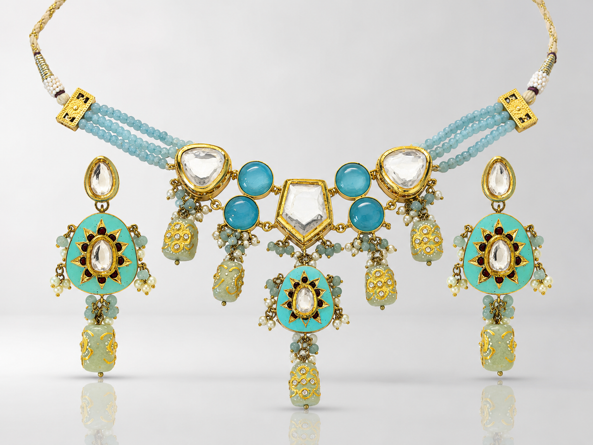Aqua Kundan Statement Necklace Set with Earrings | Bridal & Festive Rental